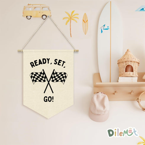 Dilemat Set Race Car Room Decor for Boys Linen Pennant Banner - Ready Go Racing Pennant Flag Banner Wall Hanging Decor