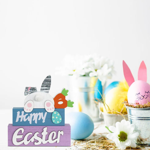 3-Layered Easter Decorations, MEETYAMOR Easter Bunny with Carrots Farmhouse Wood Block Easter Decor, Happy Easter Sign