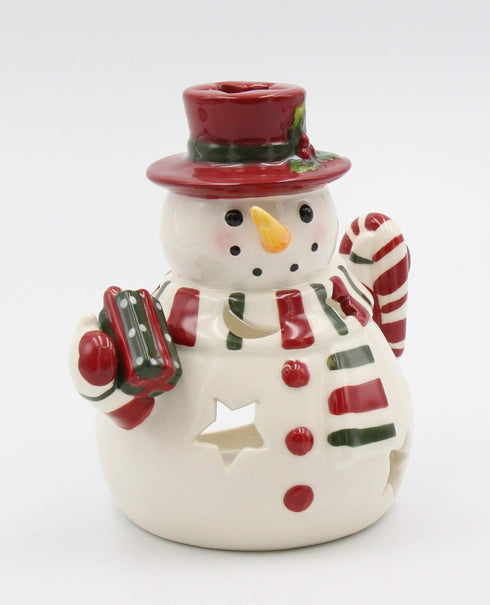 Fine Ceramic Snowman Tea Light Candle Holder Wearing Scarf, 5-1/2" H