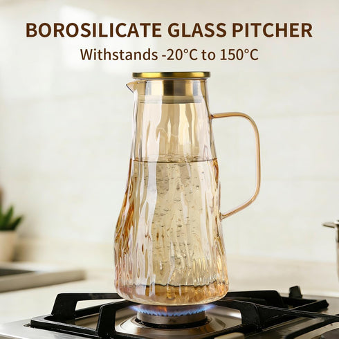 FANKAQI 1.8L Amber Glass Pitcher with Lid Bark Texture Design, Borosilicate Heat & Cold Resistant Glass Water Pitcher