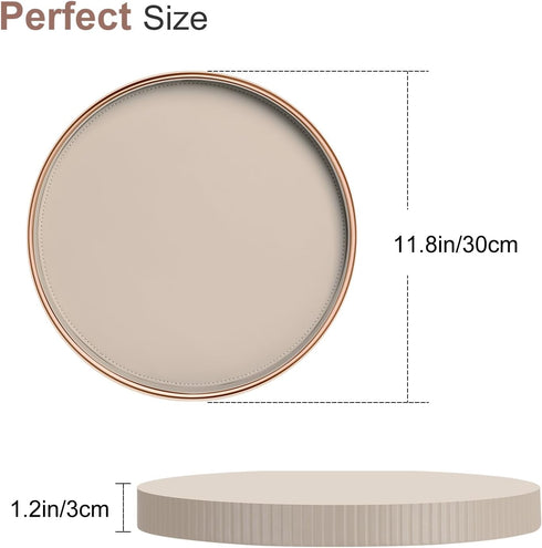 Counter, KINGFOM Round Decorative Tray, PU Leather Vanity Tray Organizer with Gold Trim for Dresser, Coffee Table