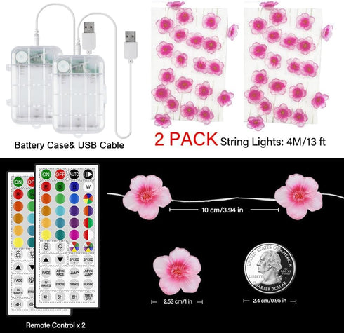 2 Pack 13ft Battery Operated String Lights Indoor, Cherry Blossom Bedroom Lights, Color Changing Flower Lights