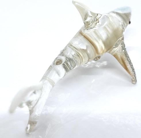 Shark Miniature Figurines - Tiny Hand Painted Blown Glass Art Collectible Gift Decor (Clear Silver)