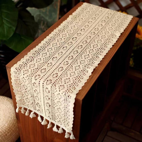 36 Inch Gemseek Boho Crochet Lace Table Runner, Vintage Beige Bohemian Short Table Runner for Coffee Table, Side End
