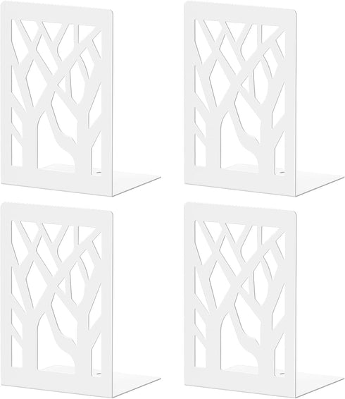 VFINE Withe Bookend 4-Piece, Tree Design Bookends for Shelves, Metal Book Ends