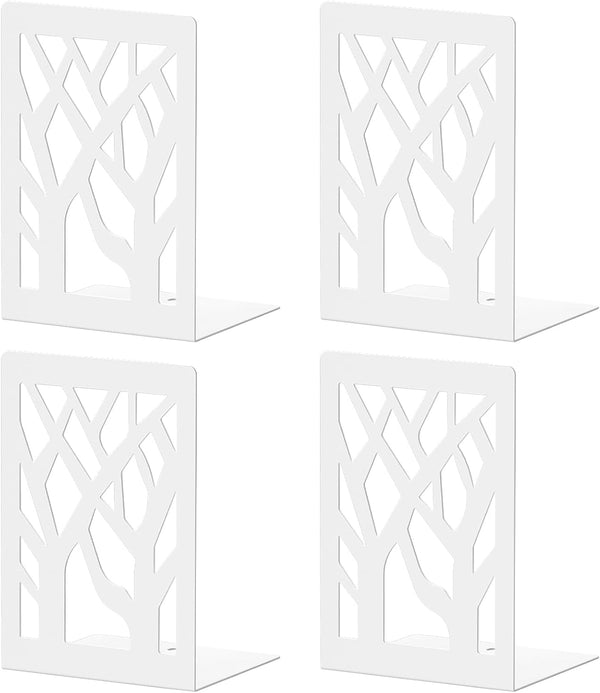 VFINE Withe Bookend 4-Piece, Tree Design Bookends for Shelves, Metal Book Ends