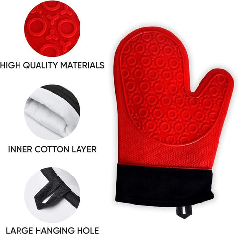 2PCS Red Black Extra Large Silicone Oven Mitts and Pot Holders - Heat Resistant Gloves for Cooking