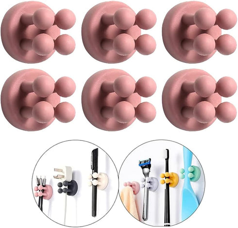 Silicone Toothbrush Holders - 6Pcs Razor Hooks, Adhesive Wall Mounted for Hanging Towel Key Plug Cable, Pink