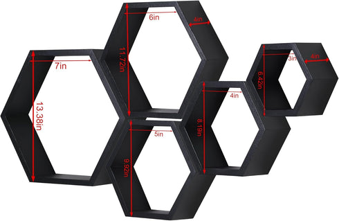 PHOENANCEE Hexagon Floating Shelves, Set of 5 Wall Mounted Wood Honeycomb Storage for Home Room Decor