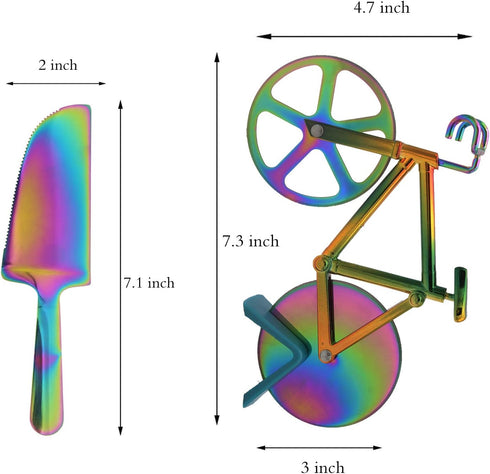 Stainless Steel Bicycle Pizza Cutter Wheel, Creative Pizza Knife with Pizza Shovel, Cool Kitchen Utensil (Rainbow)