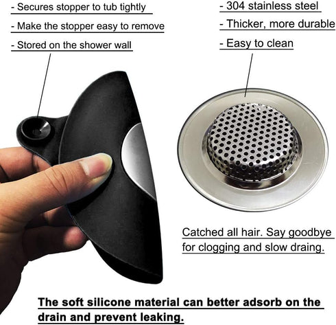 2PCS Bathtub Stopper Hair Catcher Kit, Silicone Drain Stopper for Bathroom, Tub Stopper Plug Cover
