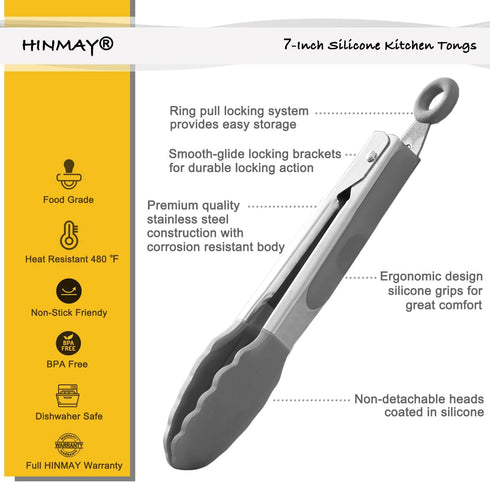 Small Serving Tongs with Silicone Tips 7 Inch Mini Stainless Steel Food Tongs, Set of 3 (Gray) by HINMAY