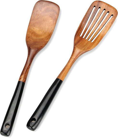 2 Pcs Best Wooden Spatula Set for Cooking, Slotted Turner and Flat Wood Wok Spatula