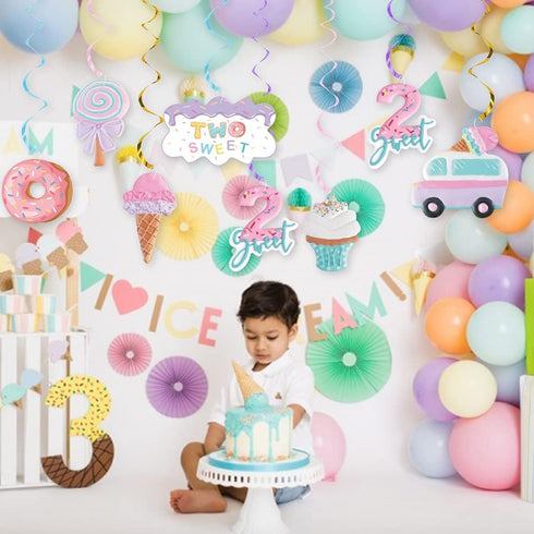 Pastel Ice Cream Two Sweet 2nd Birthday Party Supplies, Ice Cream Donut Hanging Streamers for Summer Party