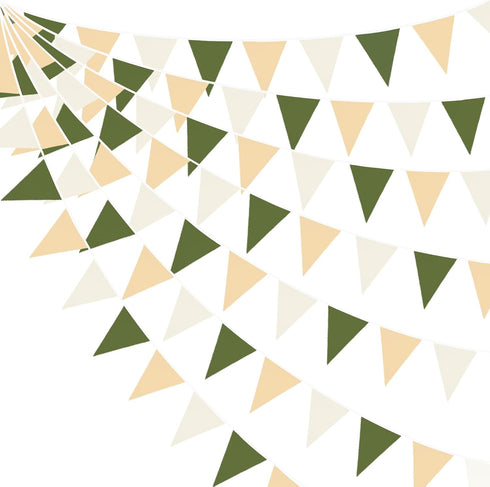 32Ft Sage Green Party Decorations - Olive Green Tan Brown Cream Triangle Flag Fabric Banner for Birthday Wedding Decor