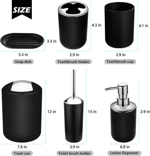 Papillon 6-Piece Bathroom Accessories Set - Toothbrush Holder, Soap Dispenser, Toilet Brush, Trash Can (Black)