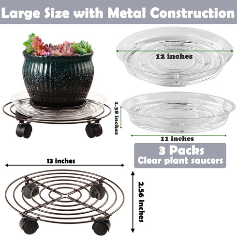 3 Packs 13" Large Metal Plant Caddy with Wheels Heavy-duty Wrought Iron Rolling Plant Stands with Casters Plant Dolly
