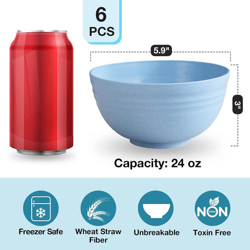 Unbreakable Cereal Bowls Set of 6, 24 OZ Wheat Straw Bowls, Microwave & Dishwasher Safe, BPA-Free, Dessert Bowls for Cereal, Serving, Soup, Oatmeal, Pasta, Salad, Lightweight Soup Bowls by Gencywe