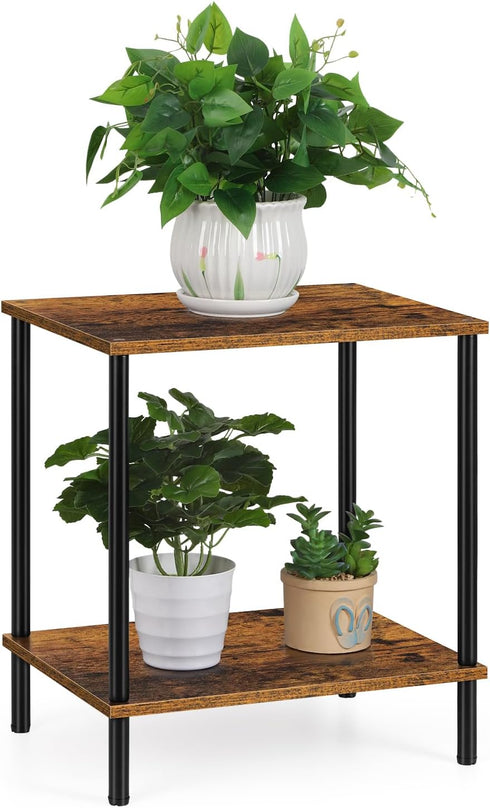 2 Small End Table Tier Wood Metal Rustic Side Table Living Room with Storage Shelf Narrow Bedside Table for Small