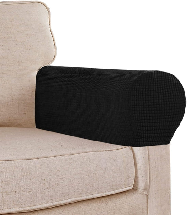 Stretch Sofa Arm Covers, Spandex Jacquard Anti-Slip Couch Armrest Protector, Set of 2, Black