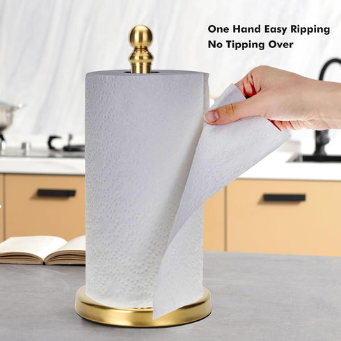Gold Paper Towel Holder, Standing Roll Holder for Kitchen Bathroom, Weighted Base for One-Handed Operation (Gold)