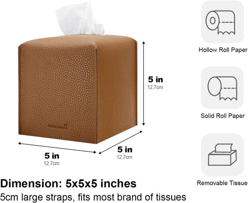 Tissue Box Cover 5X5X5'' - PU Leather Square Tissue Holder for Bathroom Vanity, Car, Night Stands, Office, Kitchen
