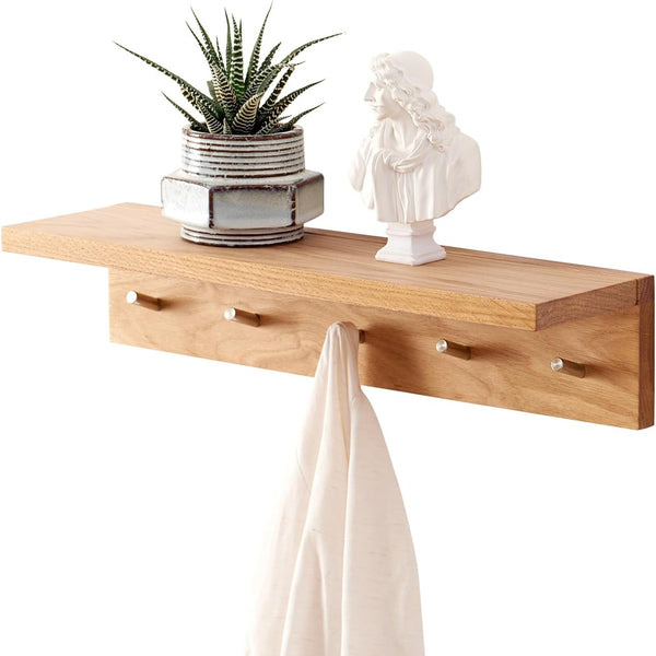 Wall Mounted Coat Rack Shelf, Oak Wood Entryway Shelf with 5 Hooks, Floating Shelf for Bedroom, Living Room