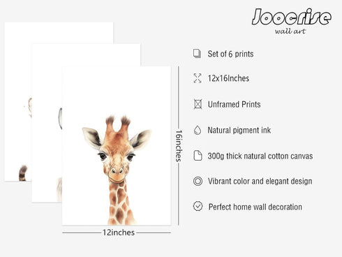 Joocrise Set 6 12x16 Inch Safari Nursery Wall Art Decor of Baby Animal Wall Art Kids Canvas Wall Art Safari Nursery