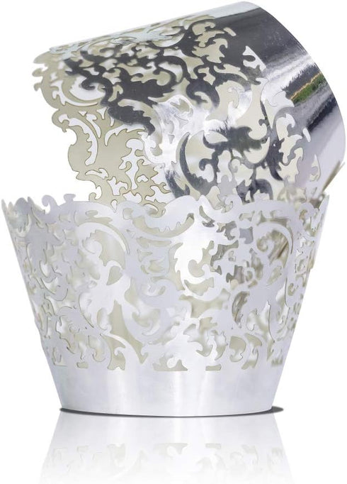 YOZATIA 60 Silver Vine Lace Cupcake Wrappers, Laser Cut Liners for Weddings and Special Events