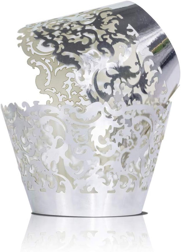 YOZATIA 60 Silver Vine Lace Cupcake Wrappers, Laser Cut Liners for Weddings and Special Events