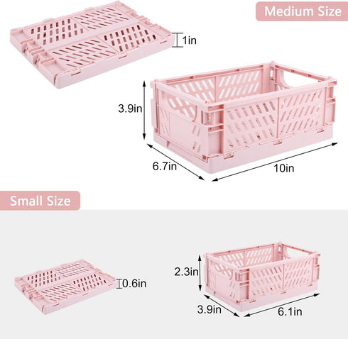 Pink Plastic Baskets for Desk Organizing - 2 Medium + 2 Small Durable Folding Storage Crates for Home & Office