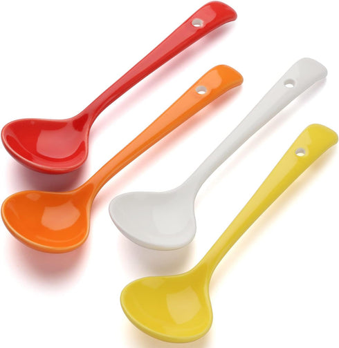 Set of 4 Ceramic Dessert Spoons, Long Handle Korean Porcelain Spoons for Appetizers, Cereal, and Dessert (Multi-color)