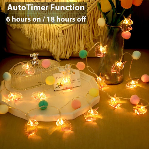 ChiRee 9.85FT Unicorn String Lights Cute Pom Poms Fairy LED String Lights Battery Operated with Timer Decor Lights