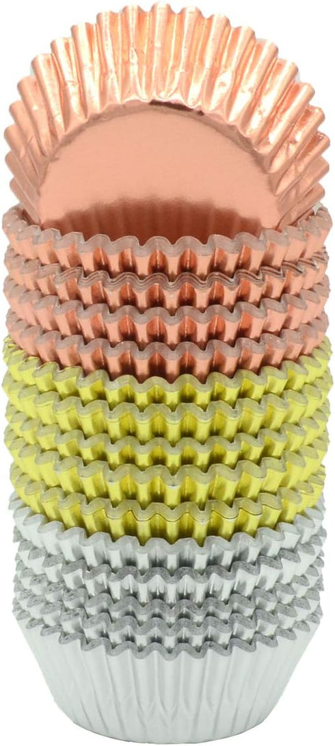 Mini Metallic Foil Paper Cupcake Liners in Rose Gold, Gold, and Silver - 300-Count Baking Cups