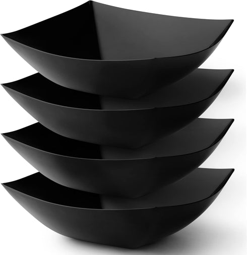 Posh Setting Square Plastic Serving Bowls, Large Heavy Duty Disposable Bowls for Salad, Snack, Buffet, 4 Pack (Black)