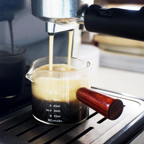 1 Pack Double Spouts Measuring Triple Pitcher Milk Cup with Wood Handle - 75ML Espresso Shot Glasses Parts Clear Glass