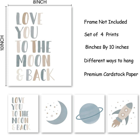 foedor Set 4, 8x10 Boho Neutral Wall Art Prints of Boho Nursery Decor Girl Boy, Love You to the Moon and Back Wall