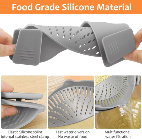YEVIOR Clip on Strainer for All Pots, Silicone Pasta Strainer Kitchen Gadgets, Collapsible Colander (Grey)
