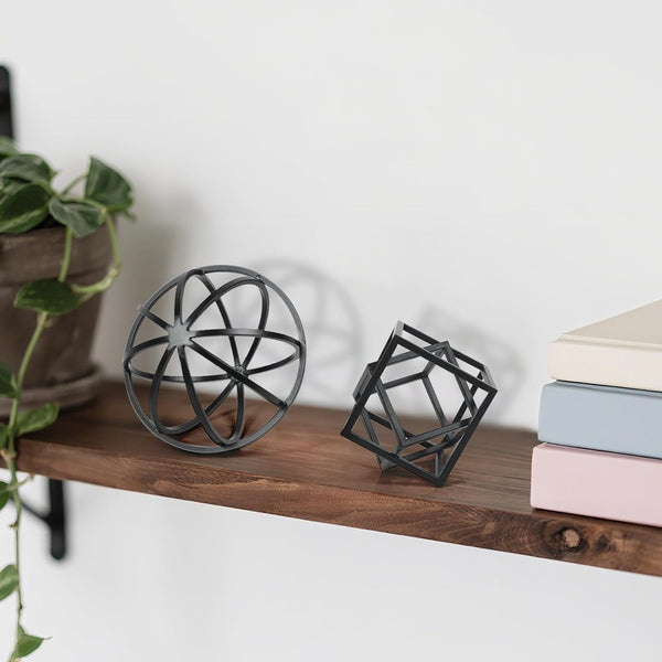 DreamsEden Modern Geometric Sculptures Set - 6" Black Metal Sphere & Cube, Minimalist Tabletop Centerpiece