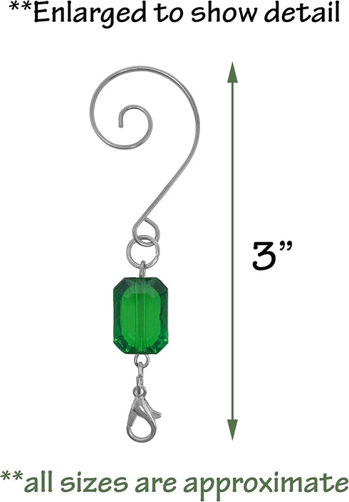 Christmas Ornament Hooks Set of 20, Red and Green Acrylic Jewels, Silver Wire Hangers, Decorative Scroll S-Hook