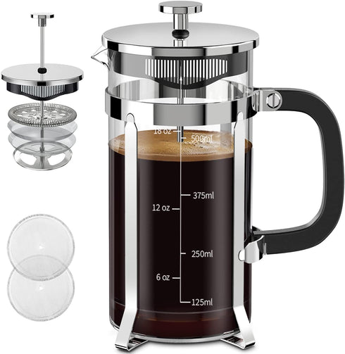 French Press Coffee Maker, 304 Stainless Steel, 4 Filters, Borosilicate Glass, 21 Ounce, Silver