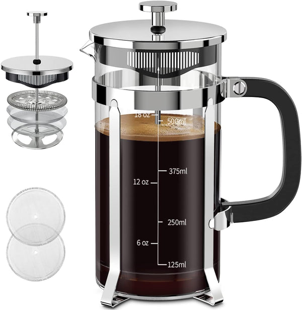 French Press Coffee Maker, 304 Stainless Steel, 4 Filters, Borosilicate Glass, 21 Ounce, Silver