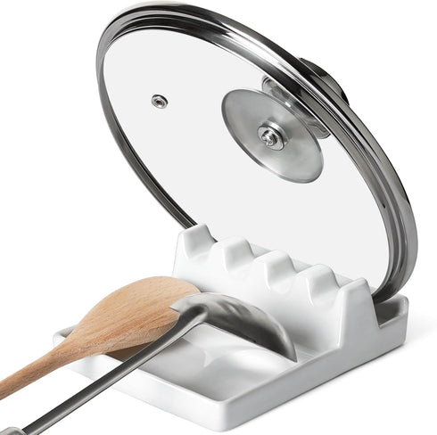 LE TAUCI Ceramic Spoon Rest - 6.2 inch Heat-Resistant Spoon Holder with Drip Pad for Multiple Utensils, White