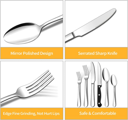 ENLOY 24 Pieces Silverware Set, Stainless Steel Flatware Cutlery with Steak Knives, Service for 4, Mirror Polished and