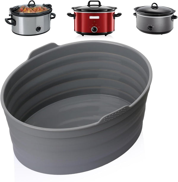 Slow Cooker Liners, 1 PCS Grey Foldable Reusable Silicone Cooking Liners for Crock-Pot & Hamilton Beach 6-7 QT,