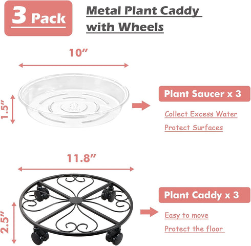 lucpur 3 Pack 12 Inch Plant Caddy with Wheels, Metal Plant Stand with Wheels Heavy Duty Wrought Iron Rolling Plant