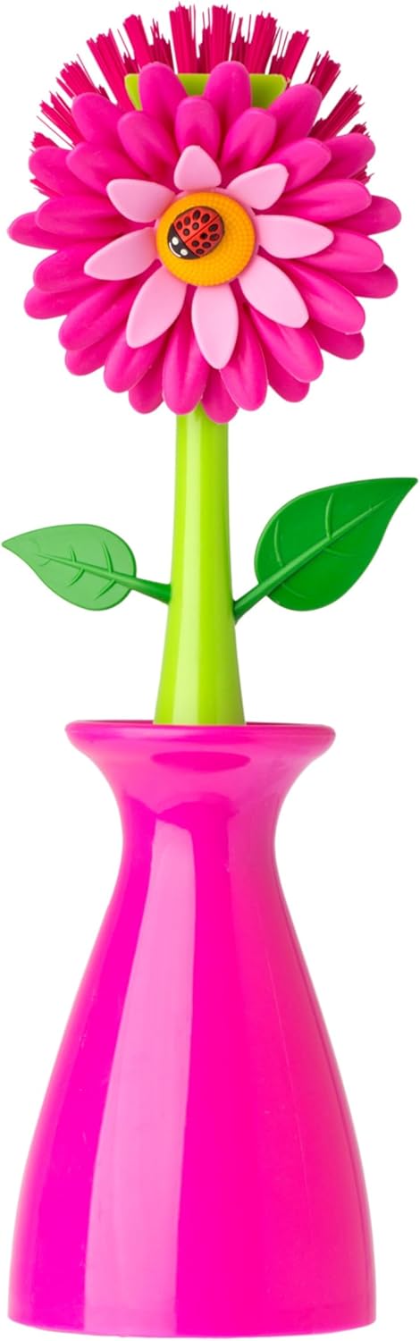 Vigar Flower Power Dish Brush with Handle and Vase Dish Brush Holder,