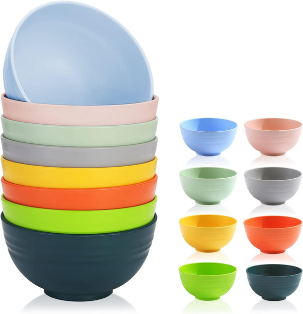 Berglander 26 oz Plastic Bowls Set of 8 Colors, Reusable Unbreakable Dinnerware for Soup, Salad, Popcorn, BPA Free