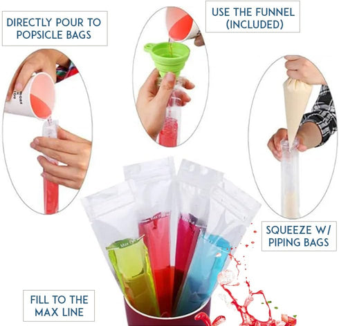 125 Disposable Ice Popsicle Mold Bags with Funnel, BPA Free Zip Lock Freezer Tubes for Healthy Snacks