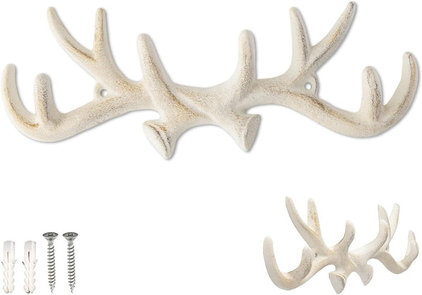 Comfify Vintage Cast Iron Deer Antlers Wall Mounted Hooks | Antique White Metal Clothes Hanger Rack